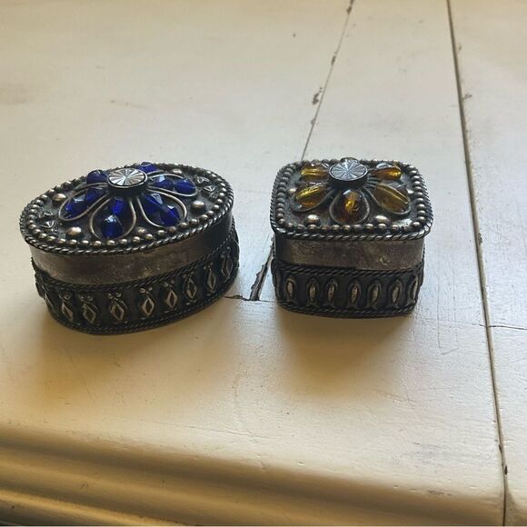 GANZ Pill Boxes Jeweled Rhinestone Lided Boxes Oval Square Silvertone - Picture 1 of 13